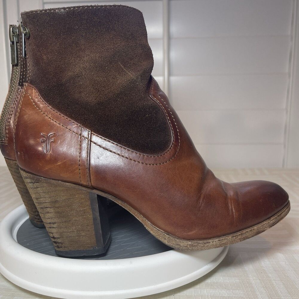 Frye Tessa Zip Short Low Boot Womens 5.5 Brown Cognac Leather Suede Cuban Heel - Picture 4 of 10